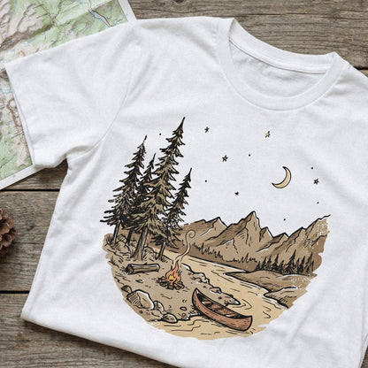 Camping Canoe Scene PNG, Mountain River Adventure Clipart - 300 DPI