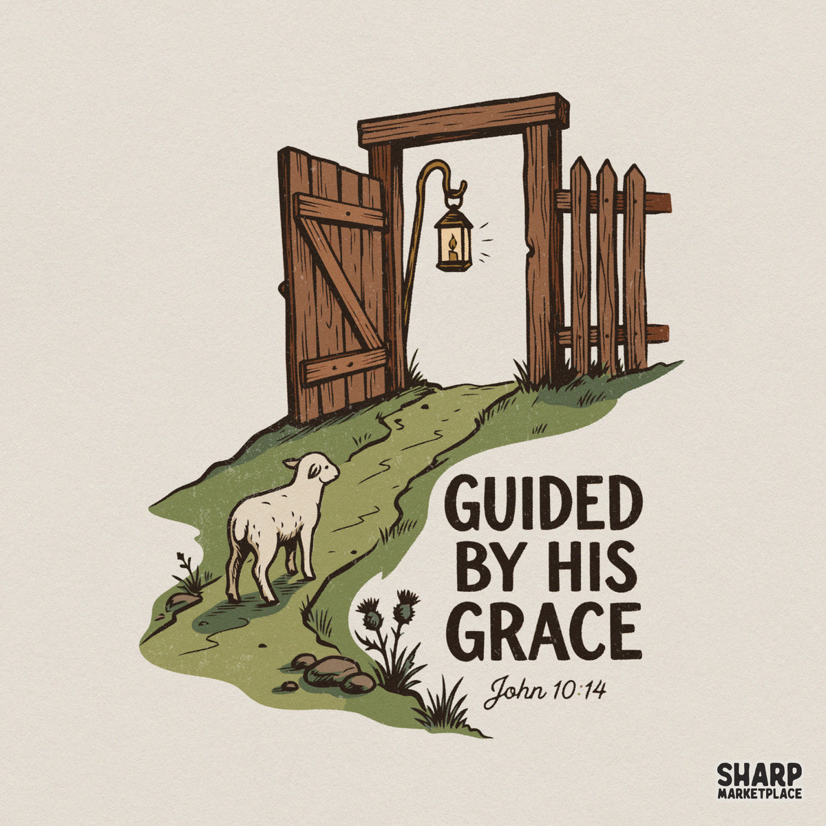 Christian digital design featuring a lamb on a path toward an open gate with a glowing lantern and the text Guided By His Grace with John 10:14.