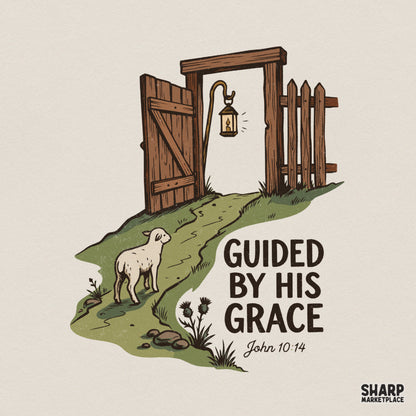 Christian digital design featuring a lamb on a path toward an open gate with a glowing lantern and the text Guided By His Grace with John 10:14.