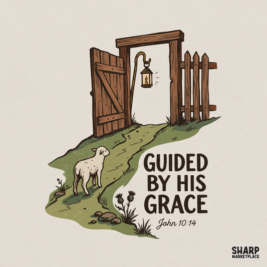 Christian digital design featuring a lamb on a path toward an open gate with a glowing lantern and the text Guided By His Grace with John 10:14.
