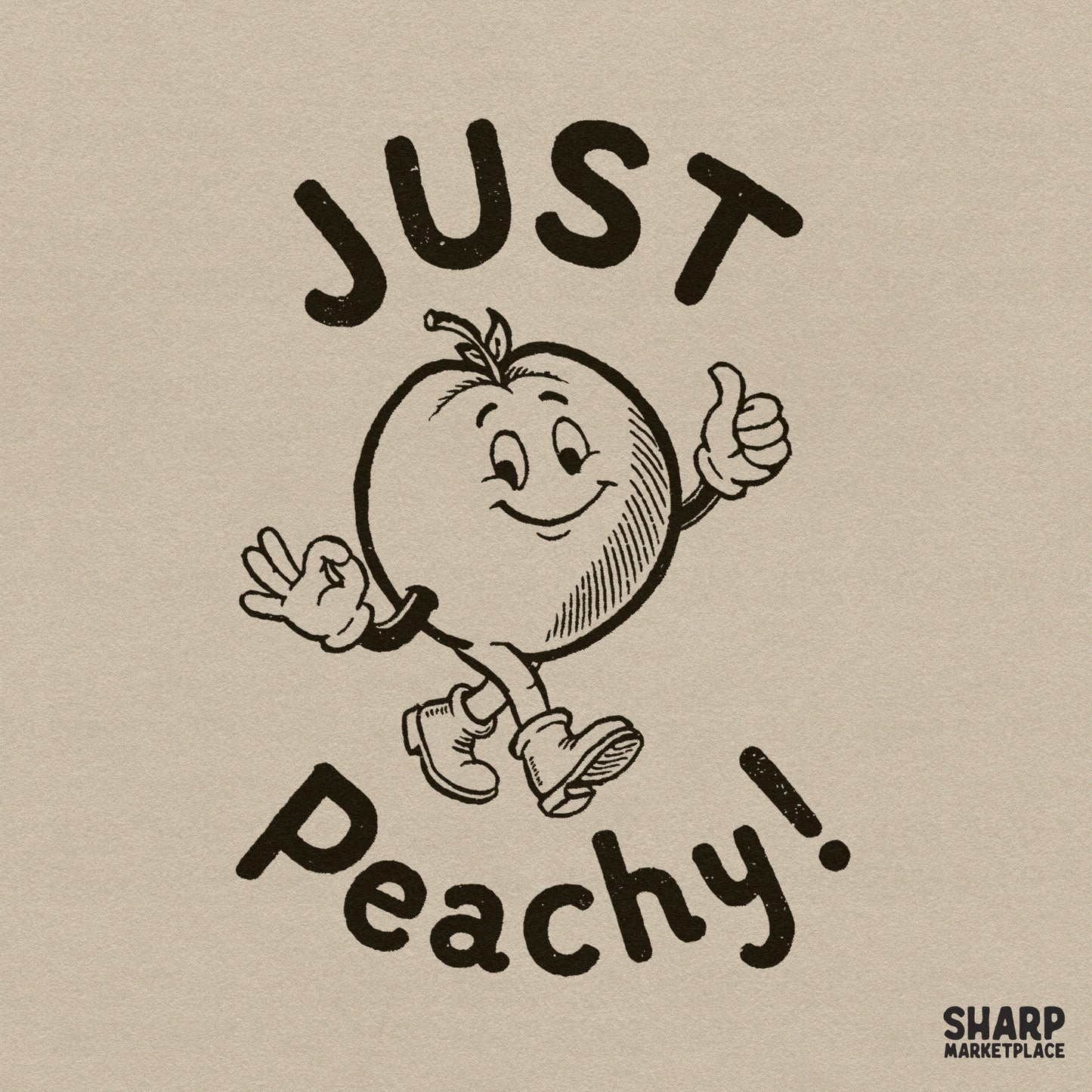 Retro rubber hose peach mascot walking with a smile in a vintage y2k cartoon style for digital apparel printing