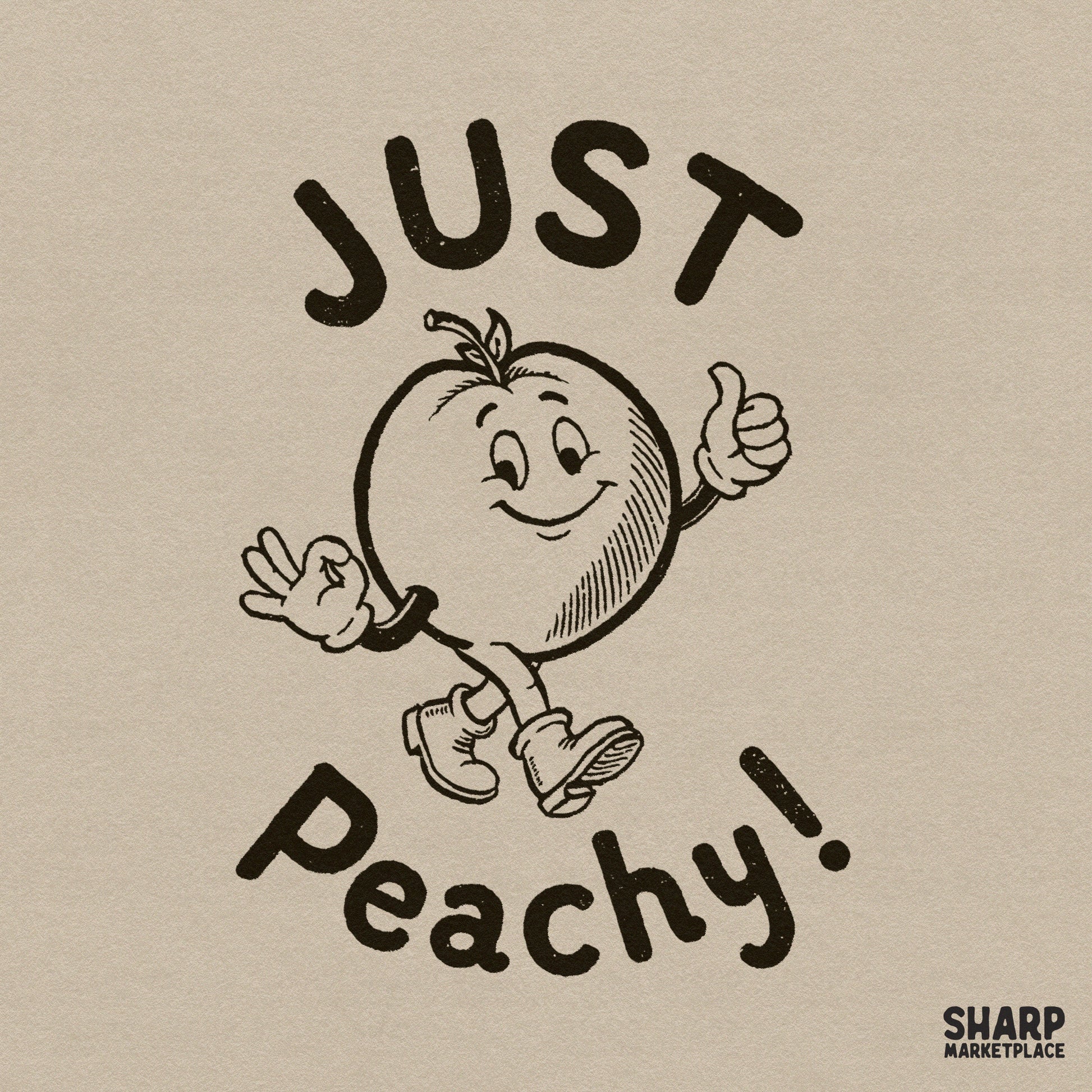 Retro rubber hose peach mascot walking with a smile in a vintage y2k cartoon style for digital apparel printing