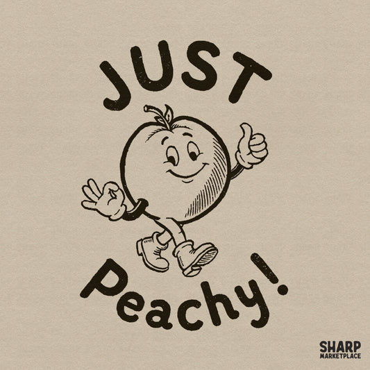 Retro rubber hose peach mascot walking with a smile in a vintage y2k cartoon style for digital apparel printing