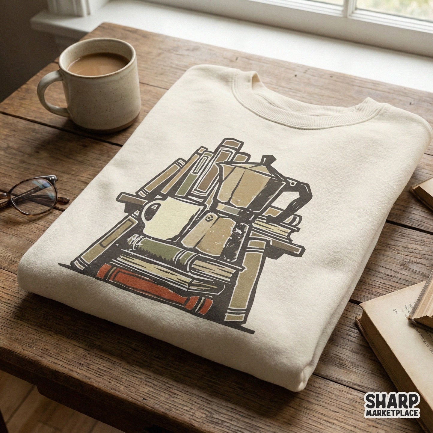 Cozy reading design featuring a stack of weathered books and a moka pot, displayed as a printable graphic for custom t-shirts and hoodies.