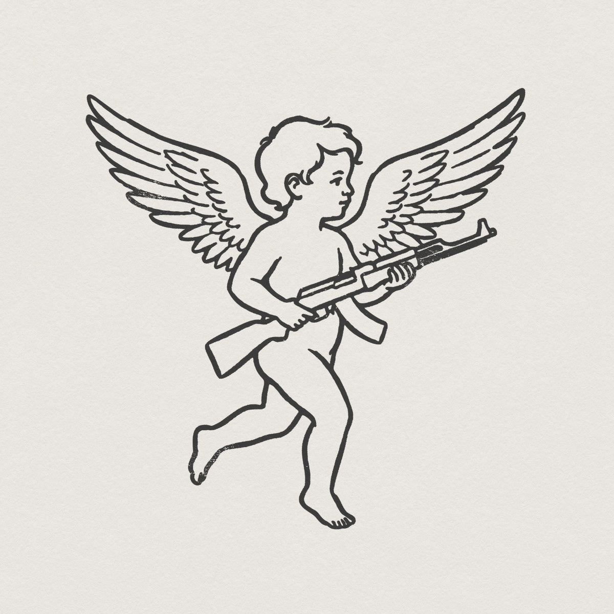 Black and white line art of a cherub holding a modern rifle, featuring a bold tattoo-style aesthetic on a clean, light-colored background.