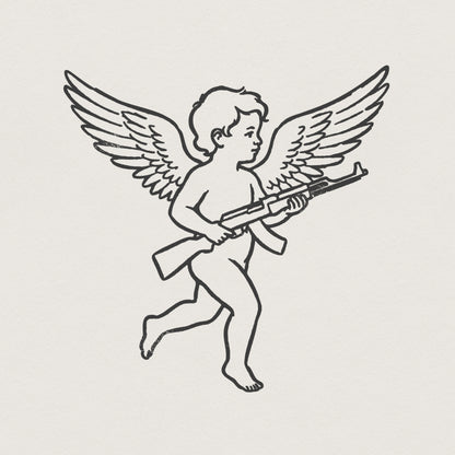 Black and white line art of a cherub holding a modern rifle, featuring a bold tattoo-style aesthetic on a clean, light-colored background.