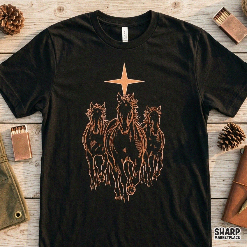 Three galloping stallions beneath a bright star ranch PNG graphic for western shirts and sublimation decor