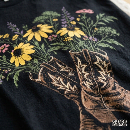 Crossed brown leather boots with wildflower bouquet western cowgirl sublimation PNG for retro t-shirts