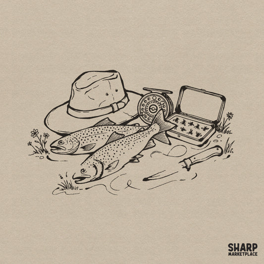 Vintage fly fishing gear illustration featuring two trout, a reel, hat, and tackle box in a black ink sketch style for outdoor apparel designs.