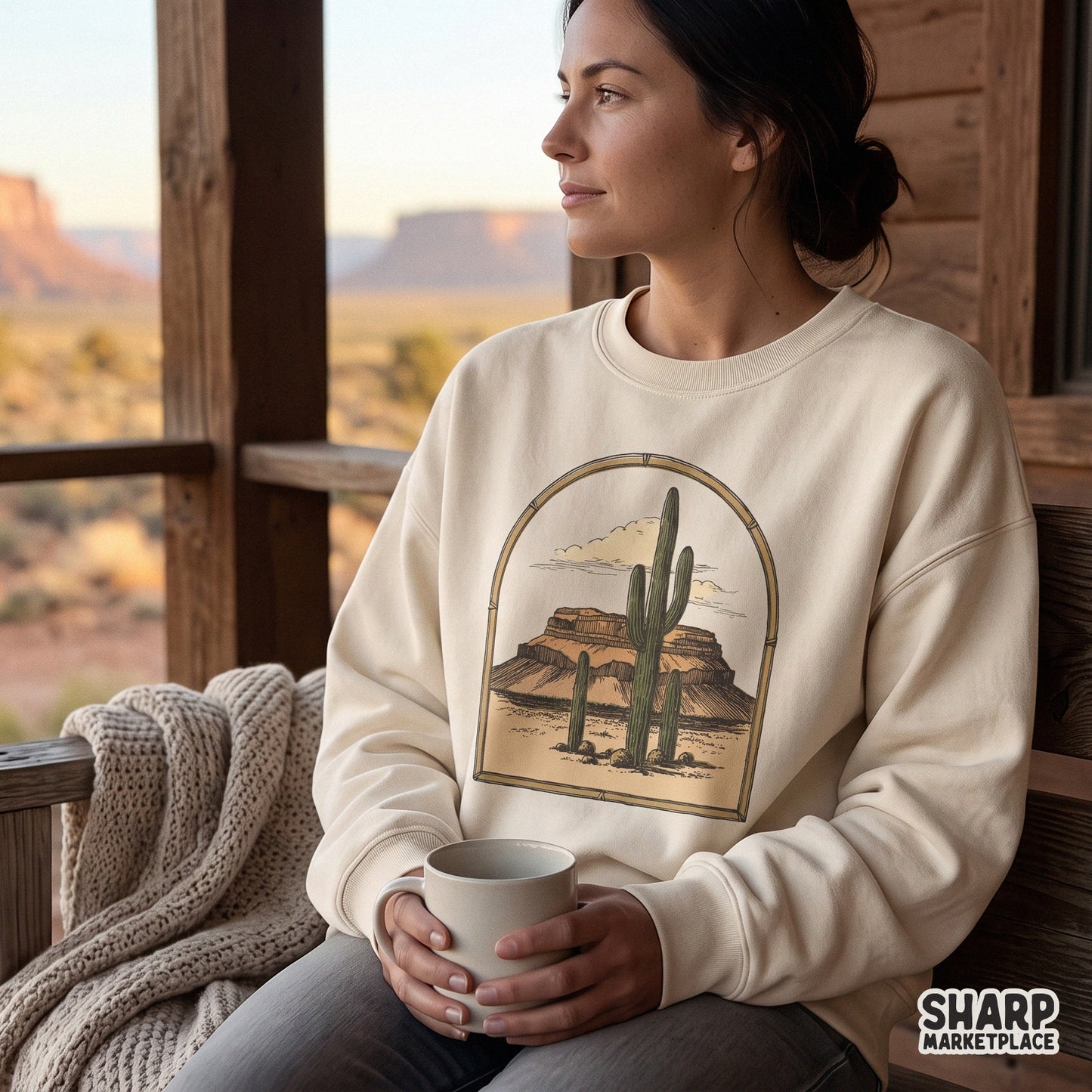 Vintage desert landscape with saguaro cacti and mesa in a retro western png style for sublimations