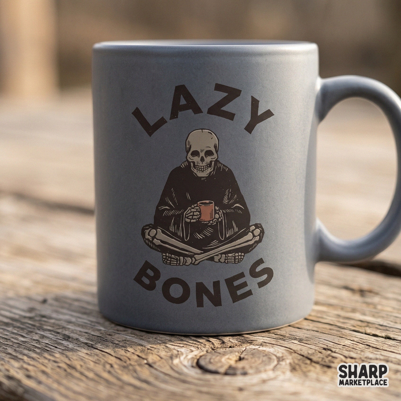Funny sitting skeleton drinking coffee retro spooky season design for Halloween shirts and sarcastic skull digital crafts