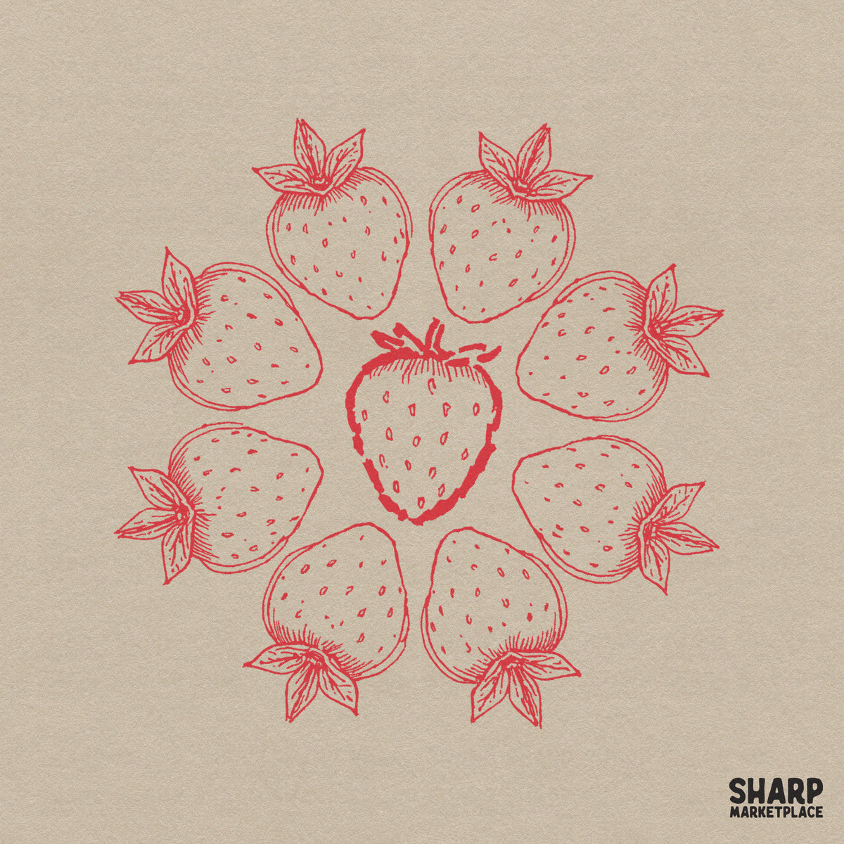 Red line art strawberry ring design featuring a circular arrangement of eight detailed berries surrounding a central fruit for cottagecore apparel.