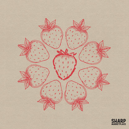Red line art strawberry ring design featuring a circular arrangement of eight detailed berries surrounding a central fruit for cottagecore apparel.