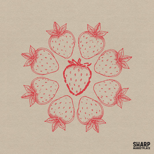 Red line art strawberry ring design featuring a circular arrangement of eight detailed berries surrounding a central fruit for cottagecore apparel.