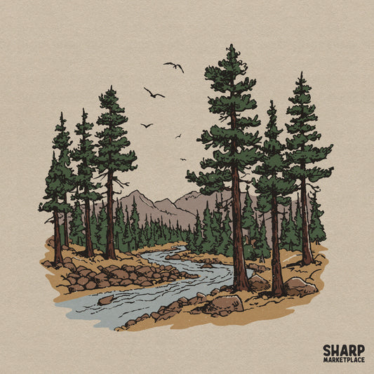 Retro pine forest and river valley nature scene PNG for camping shirts and vintage wilderness sublimation designs