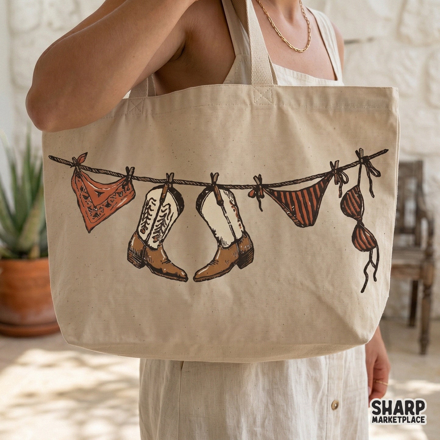 Western summer clothesline digital design with boots, bandana, and bikini, displayed on a canvas tote bag for trendy DIY apparel projects.