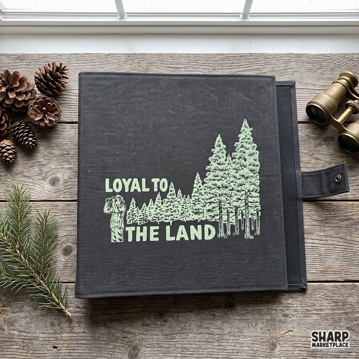 Vintage forest explorer PNG featuring pine trees and binoculars graphic for retro outdoor camping shirts