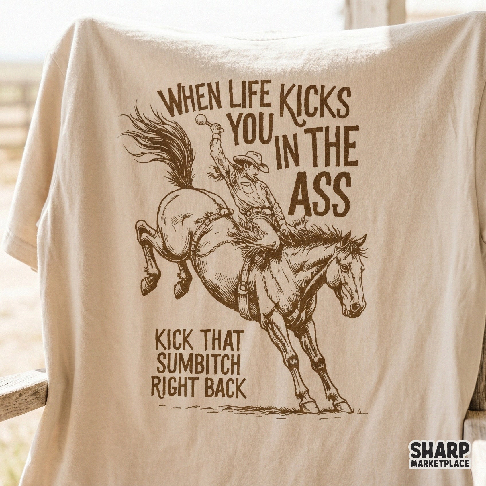 Rustic monochromatic bucking bronco graphic with a funny cowgirl quote, suitable for DIY sublimation projects and retro-themed clothing designs.