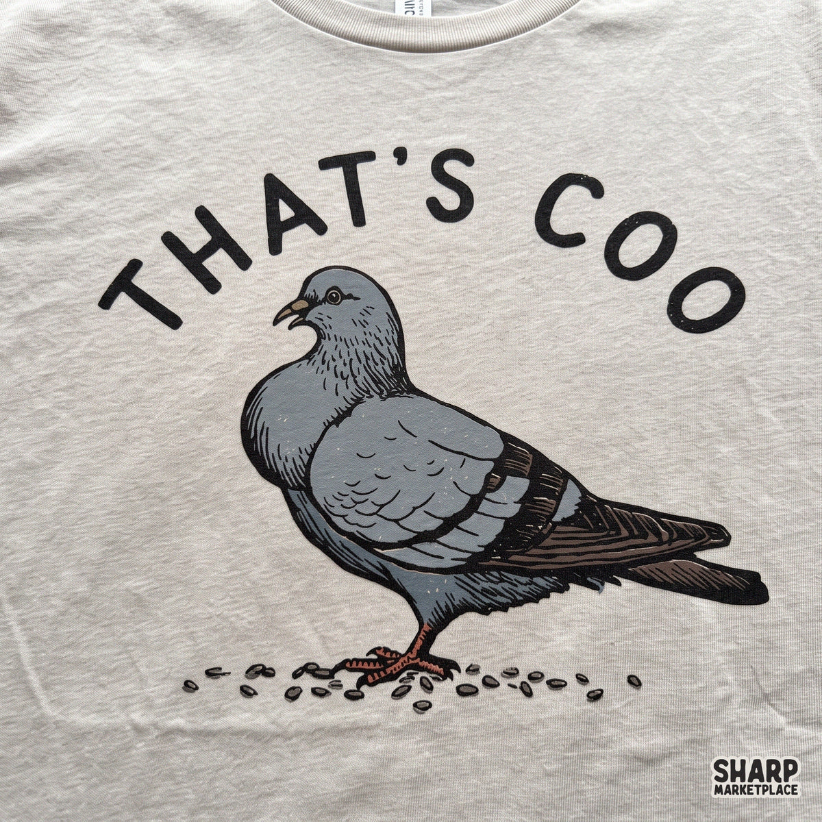Funny pigeon eating seeds graphic with That's Coo bird pun for t-shirts and apparel sublimation
