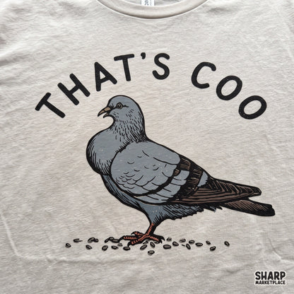 Funny pigeon eating seeds graphic with That's Coo bird pun for t-shirts and apparel sublimation