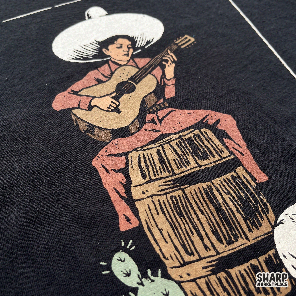 Vintage Mexican cowgirl playing guitar in a desert with cactus, western png design for country music shirt prints
