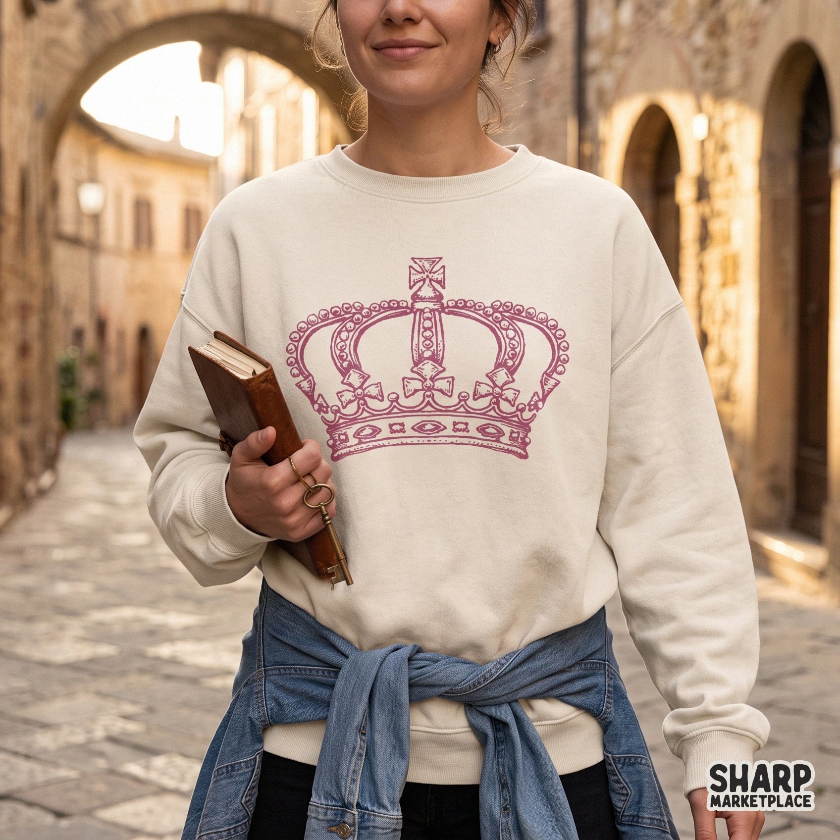 Vintage pink royal crown illustration in coquette style for trendy princess sublimation shirts and digital crafts