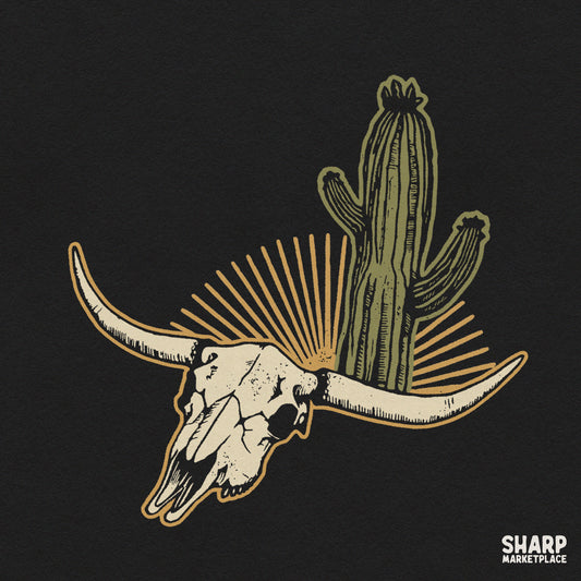 Vintage longhorn cow skull with saguaro cactus and sunburst graphic for custom western shirts