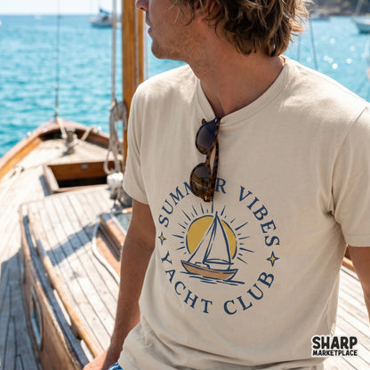 Summer Vibes Yacht Club vintage sailboat PNG for retro beach cruise shirts and nautical themed apparel designs