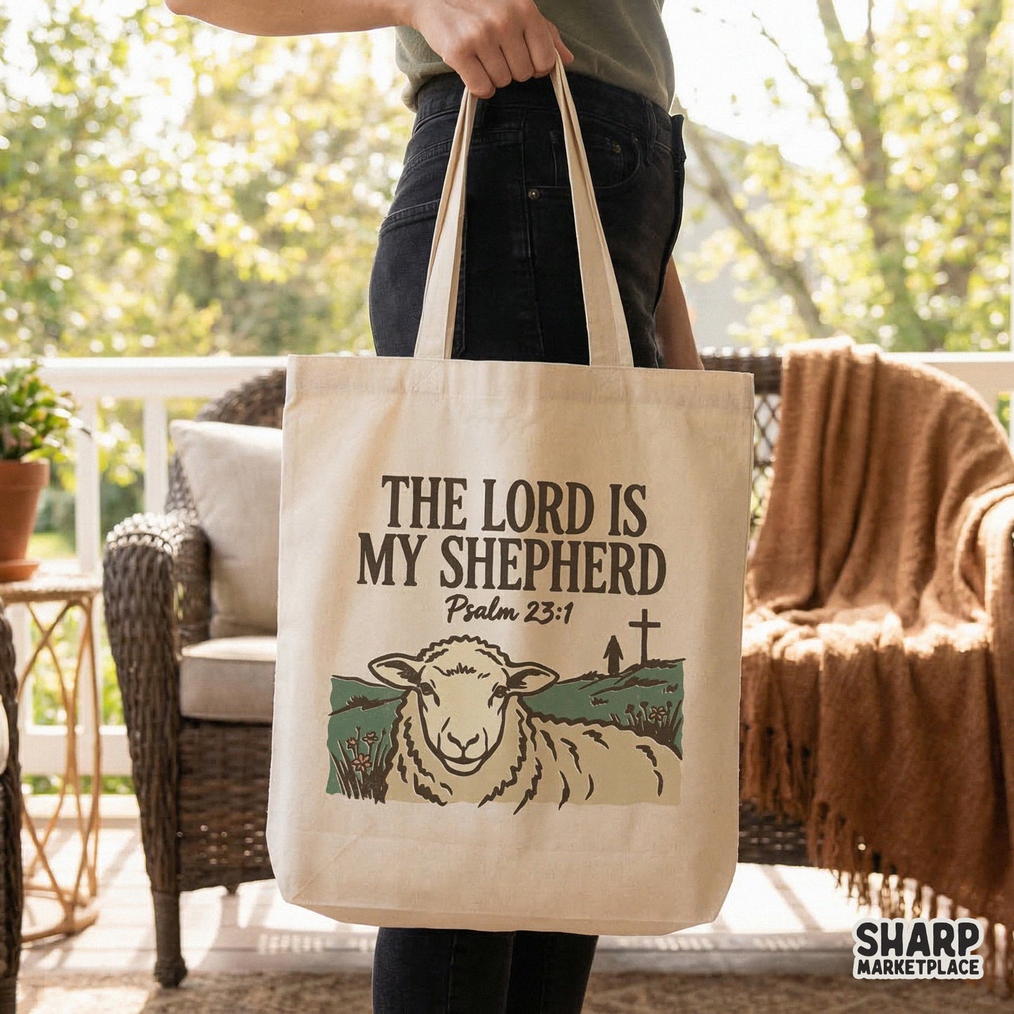 Digital sublimation design featuring a serene landscape with a sheep and a silhouette of a cross, perfect for faith-based apparel or wall art.