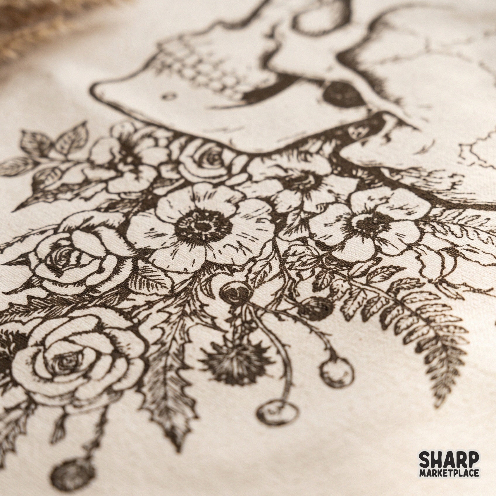 Vintage side profile skull with wildflowers botanical art design for trendy dark academia shirt sublimation and dtf png projects