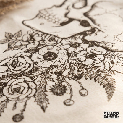 Vintage side profile skull with wildflowers botanical art design for trendy dark academia shirt sublimation and dtf png projects