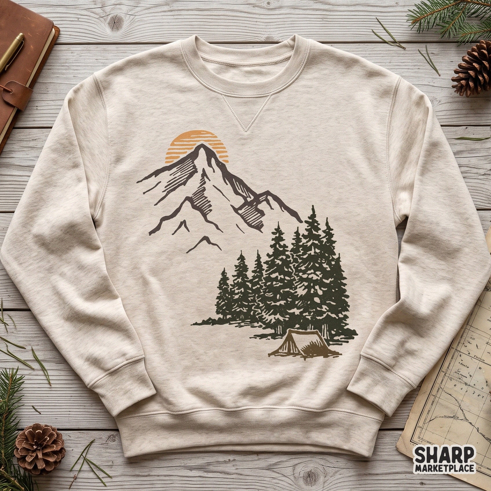 Retro vintage mountain camping scene with pine trees and tent for summer t-shirt sublimation designs