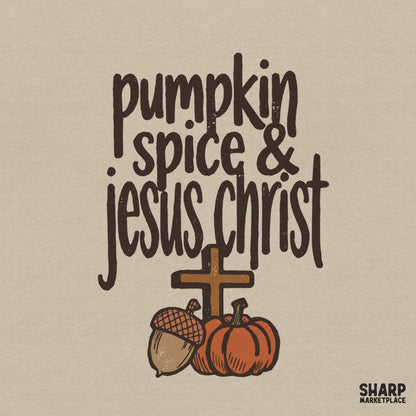 Pumpkin Spice and Jesus Christ cozy fall Christian PNG graphic for faith sublimation prints and autumn t-shirts