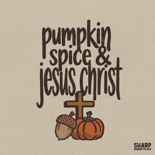 Pumpkin Spice and Jesus Christ cozy fall Christian PNG graphic for faith sublimation prints and autumn t-shirts