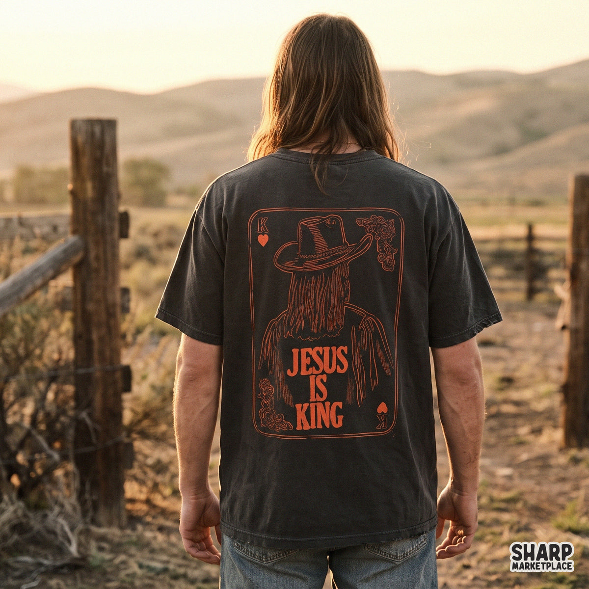 Jesus Is King western playing card graphic with a retro Christian cowboy theme for t-shirt design