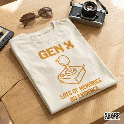 Digital design with a pixelated Gen X header, a hand-drawn joystick, and the text Lots Of Memories No Evidence in a monochromatic orange style.