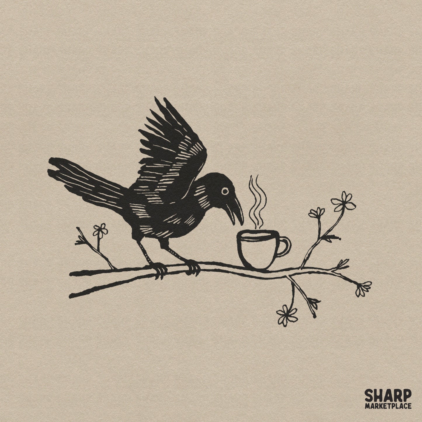 Minimalist black line art of a crow with wings spread perched on a floral branch, leaning toward a steaming mug of coffee on a tan background.