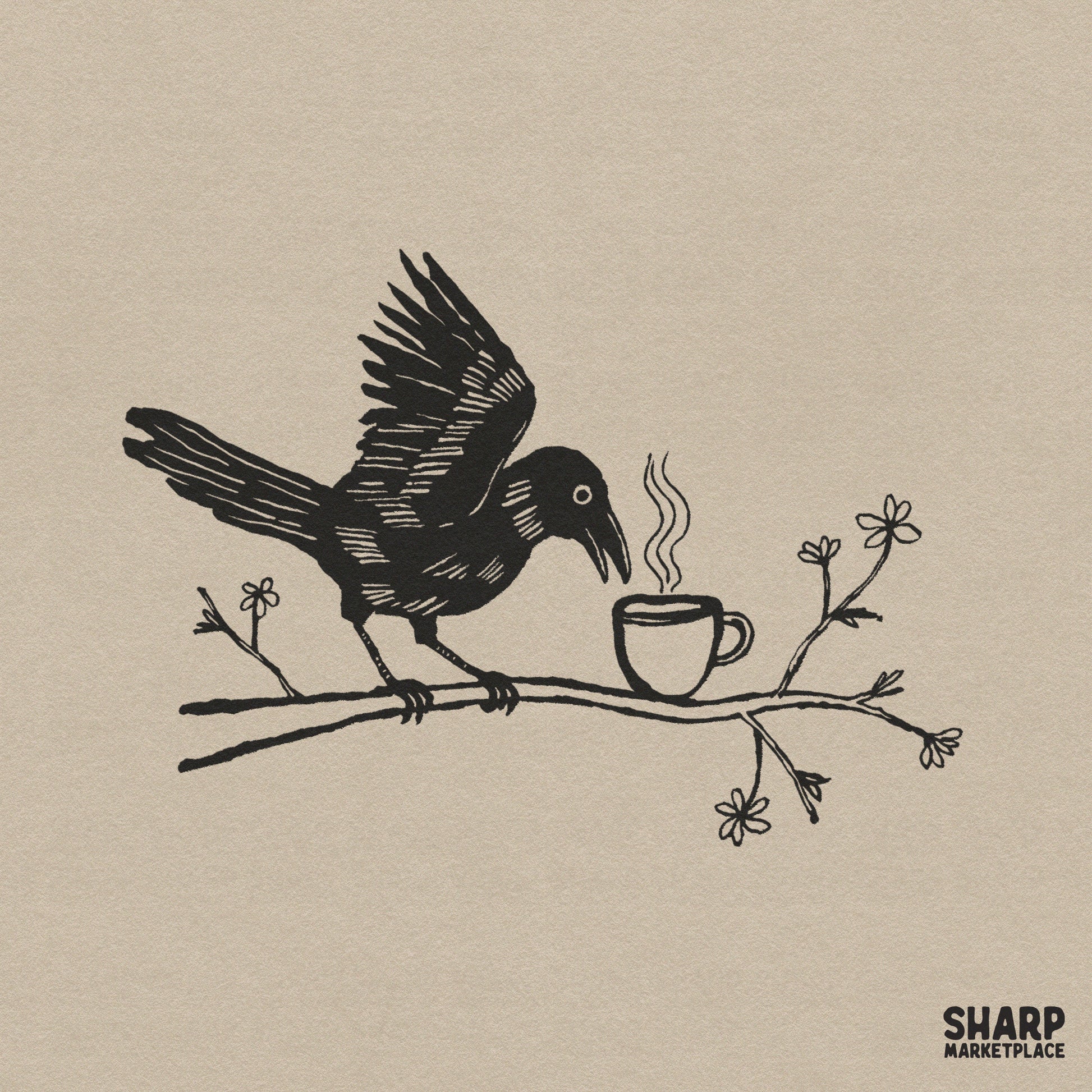 Minimalist black line art of a crow with wings spread perched on a floral branch, leaning toward a steaming mug of coffee on a tan background.