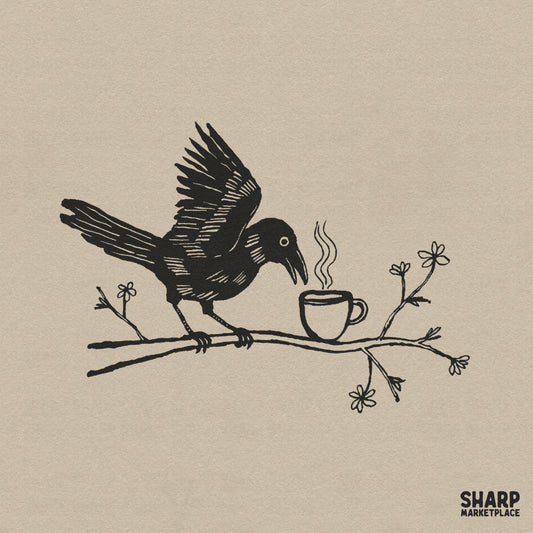 Minimalist black line art of a crow with wings spread perched on a floral branch, leaning toward a steaming mug of coffee on a tan background.