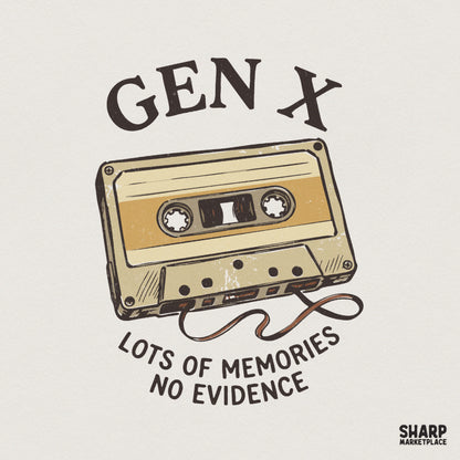 Retro Gen X design featuring a vintage cassette tape with magnetic film and the quote Lots of Memories No Evidence in muted tan and golden tones.