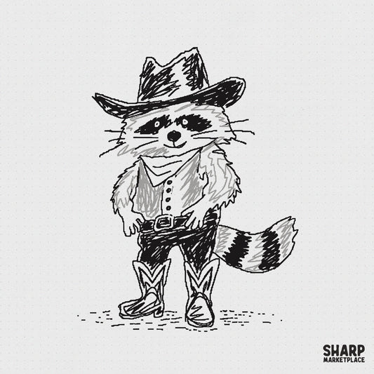 Hand-drawn sketch of a raccoon dressed as a cowboy with a hat, bandana, vest, and boots, perfect for trendy shirt sublimation and DIY projects.