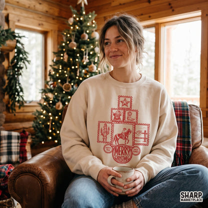 Western Merry Christmas Highland Cow Santa stamp digital PNG design for holiday shirt sublimation