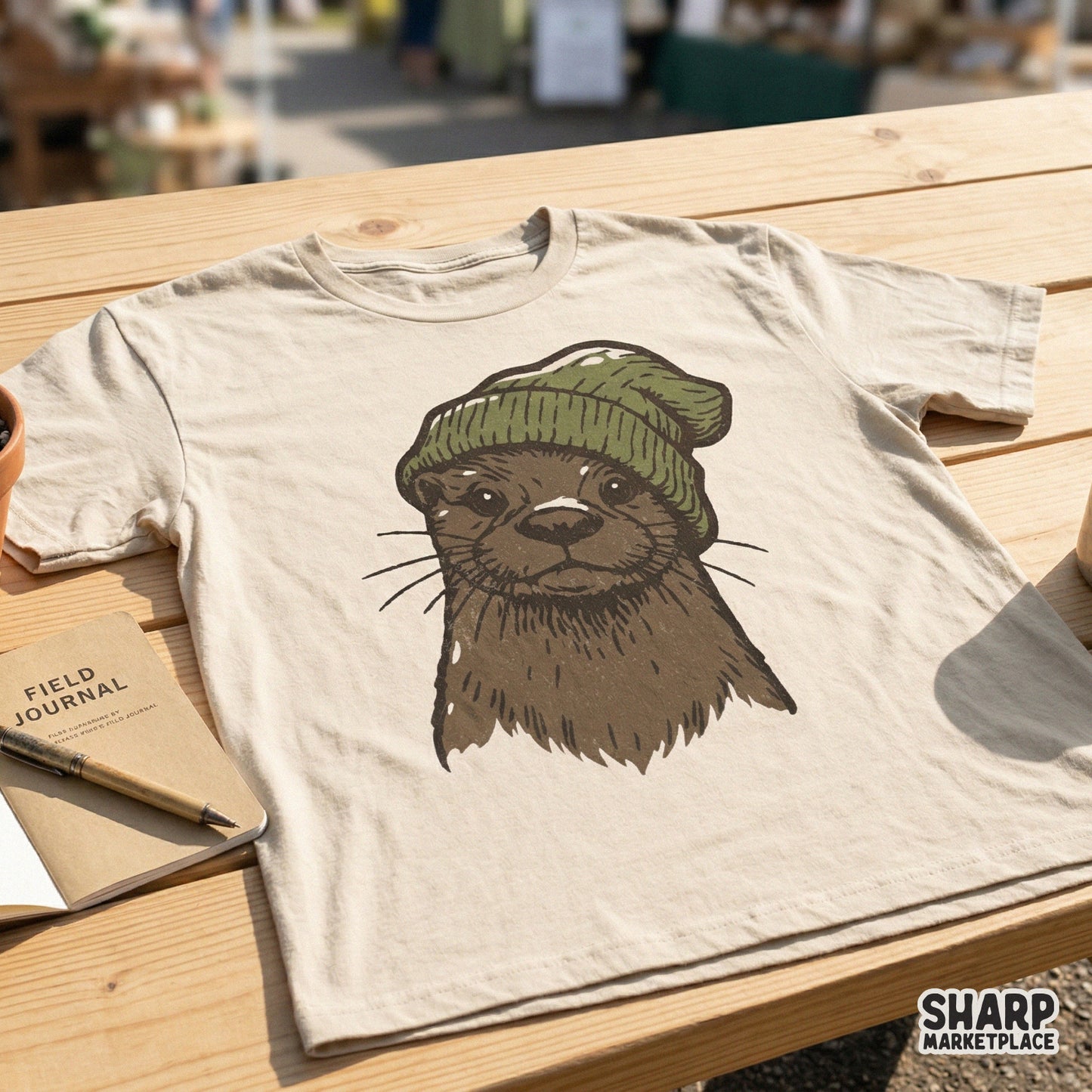 Whimsical woodland otter portrait in a textured green beanie, ideal for creating custom stickers, printable wall art, or cozy winter merchandise.
