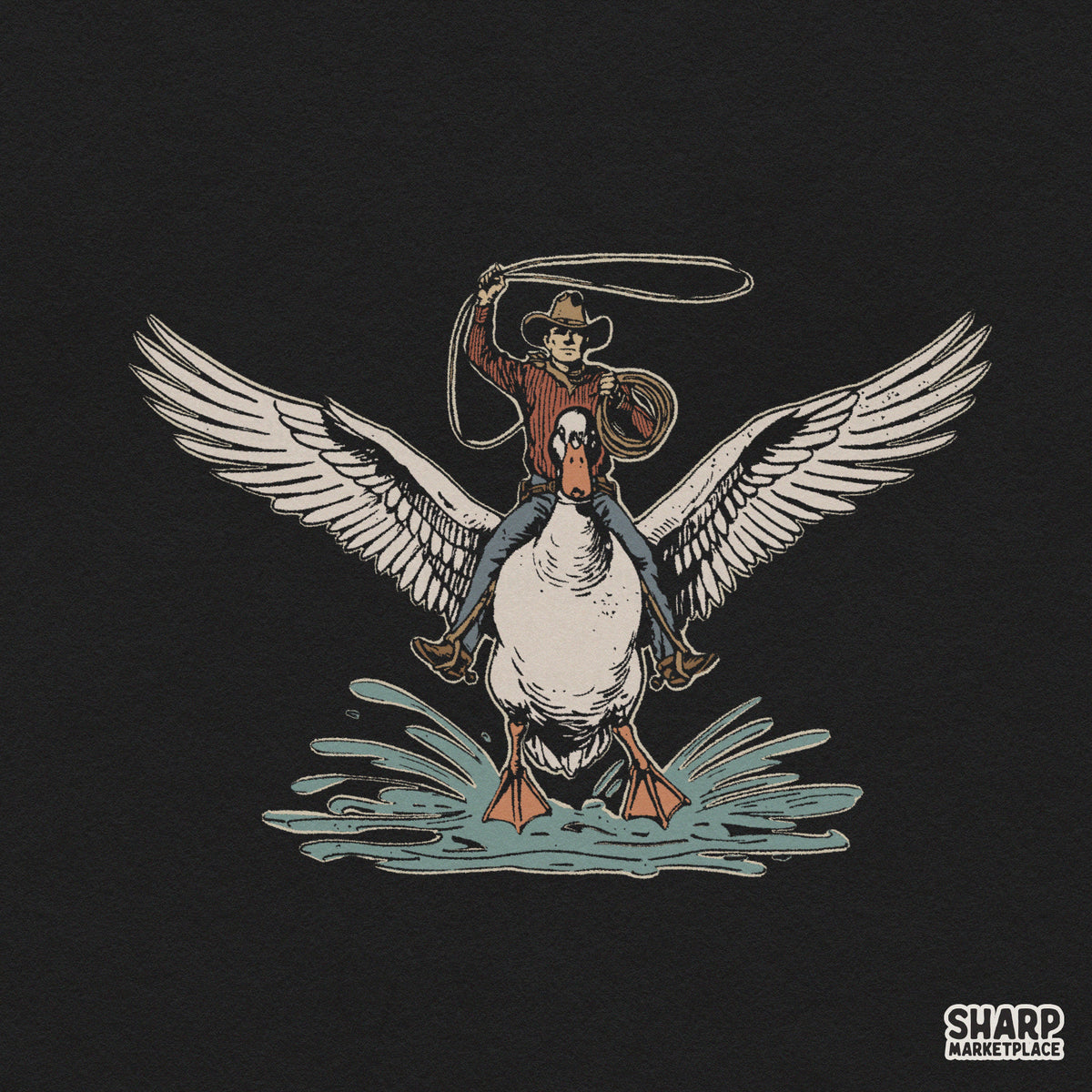 Surreal western cowboy riding a giant flying duck PNG design for sublimation t-shirt print