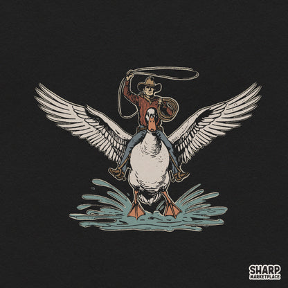 Surreal western cowboy riding a giant flying duck PNG design for sublimation t-shirt print