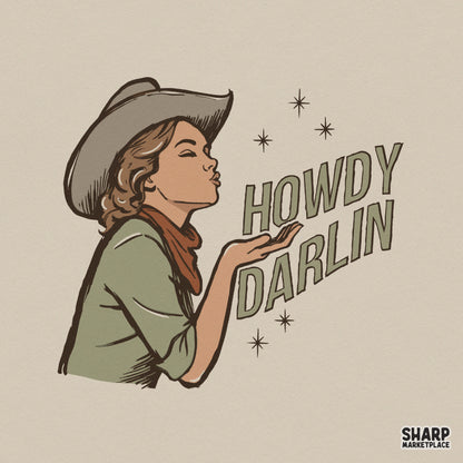 Retro western digital design featuring a cowgirl in a hat and neckerchief blowing a kiss with starry accents and the text Howdy Darlin in earth tones.