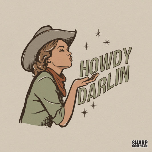 Retro western digital design featuring a cowgirl in a hat and neckerchief blowing a kiss with starry accents and the text Howdy Darlin in earth tones.
