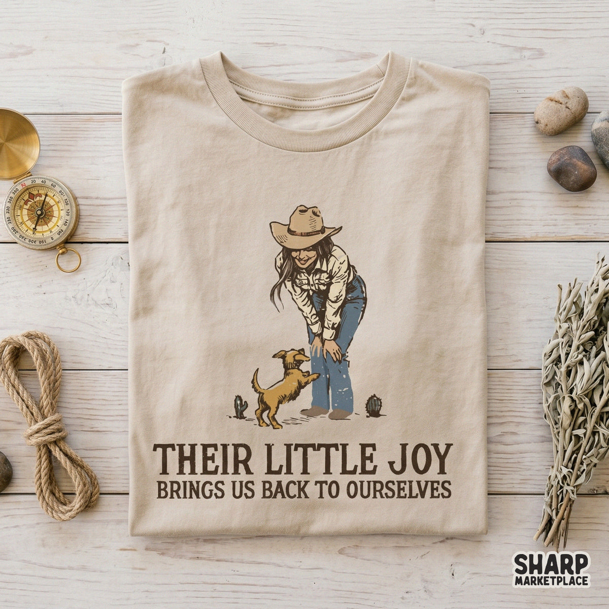 Rustic western graphic for apparel showing a woman in a cowboy hat and a small dog, perfect for dog mom t-shirts and custom desert-themed gifts.