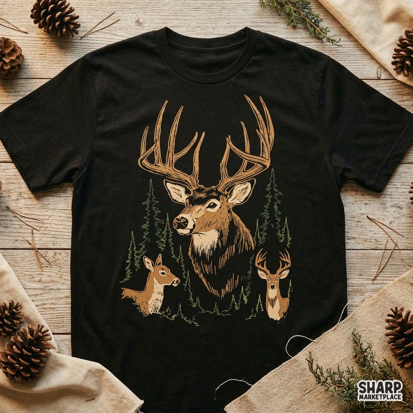Rustic buck and deer art in a dark pine forest for retro fall hunting png sublimation shirt designs