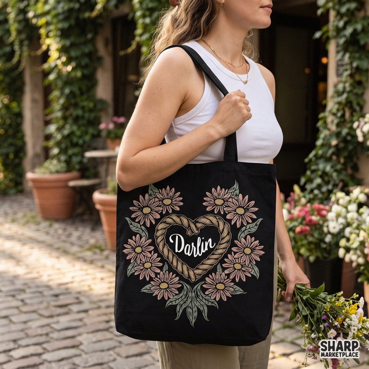 Darlin western PNG design featuring a rope heart with pink daisies for country cowgirl t-shirts and craft projects